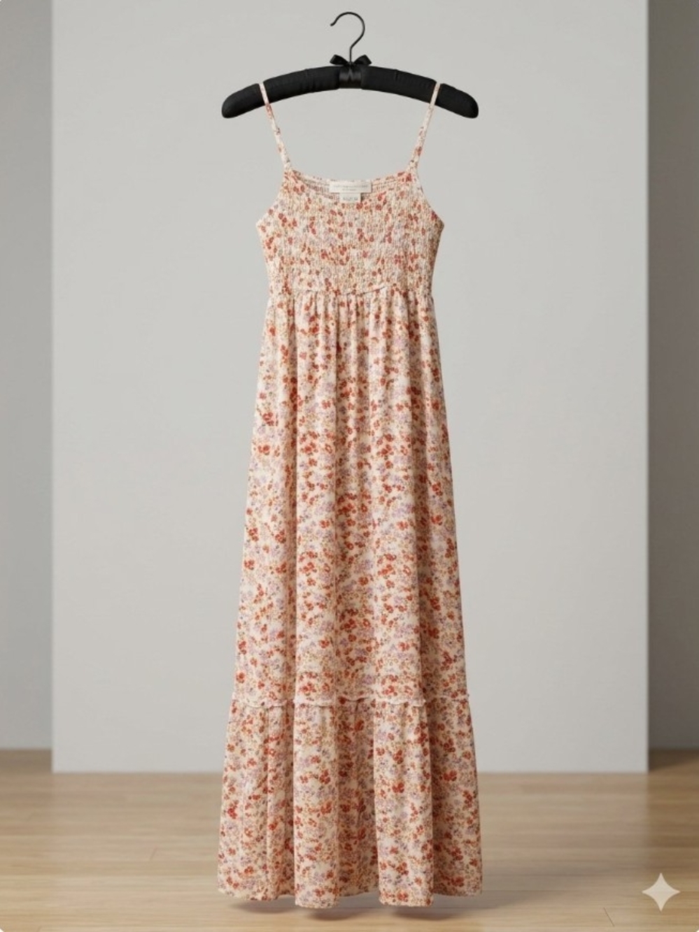 Hippie Rose Ditsy Floral Print Maxi Dress Smocked Bodice Cami Strap Tiered M